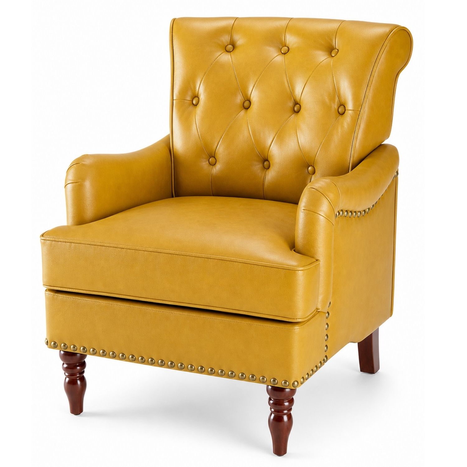 Nailhead Trim Faux Leather Accent Chair, Tufted Armchair For Bedroom And Study — foto 4