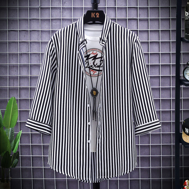 Summer Men's Shirt Trend Thin Ice Silk Striped Shirt