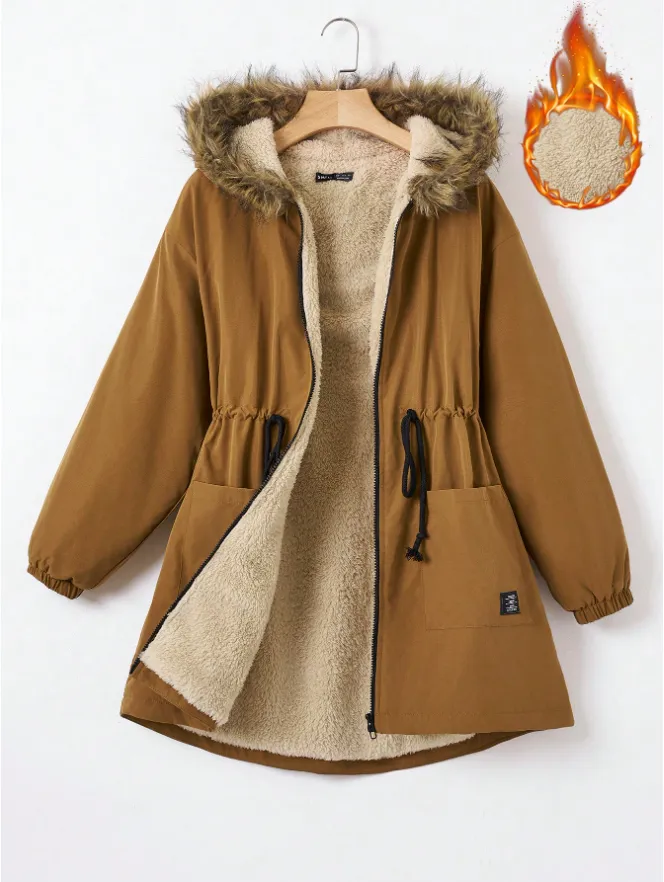EZwear Drawstring Waist Fuzzy Trim Hooded Thermal Lined Drawstring Waist Coat - Brown