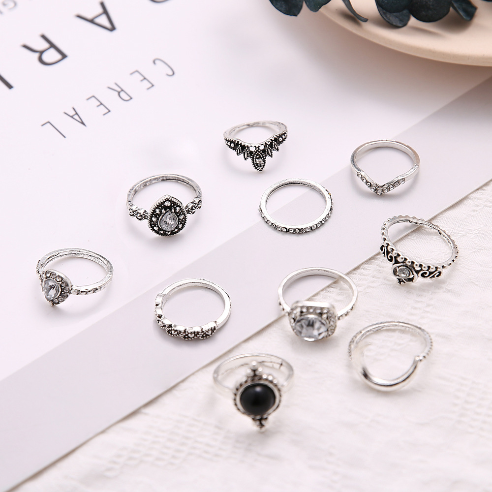 Black Gemstone Hollow Crown Diamond Drop Ring Ten-piece Set