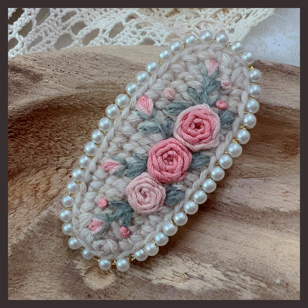 Retro Heavy Industry Pearl Three dimensional Embroidery Wool Hair Clip White Rose - Shop at LoveMi