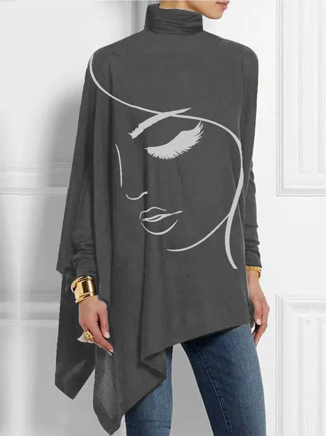 Turtleneck Irregular Knit Bottoming Printed Shirt - Flower4-S