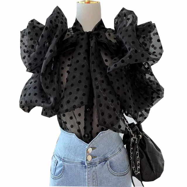 Short Polka Dot Shirt Women Summer New Korean Style Loose Design Niche Short sleeved Chiffon Cardigan Top Black - Shop at LoveMi