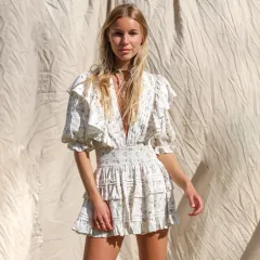 Pleated Puff Sleeve Lace-Up Spice Print Dress - Photo Color - View 1