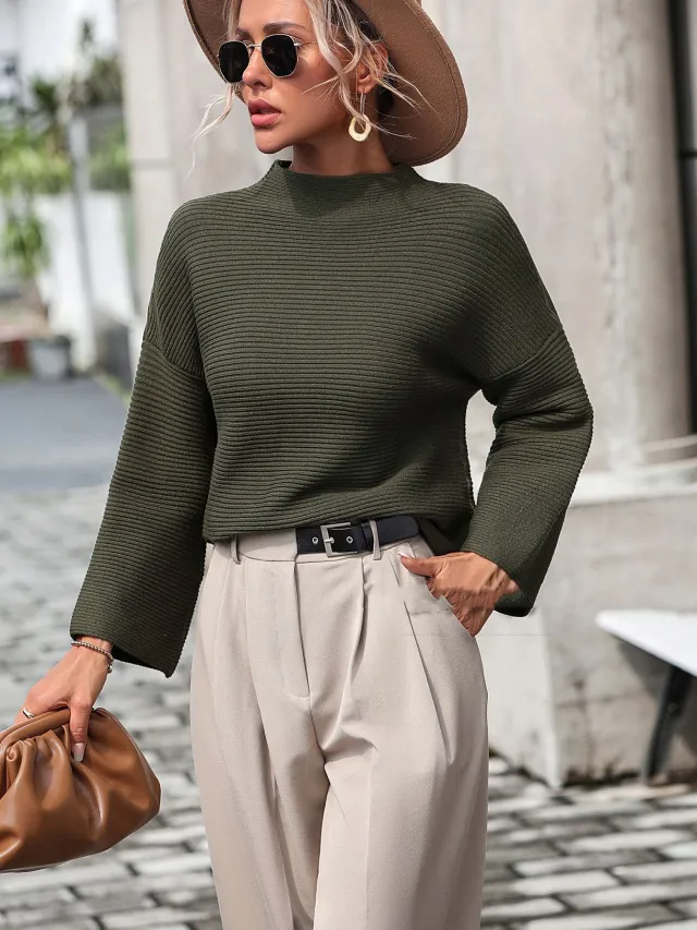 Women's Knitted Sweater With Nine quarter Sleeves And Solid Color Dark Green - Shop at LoveMi
