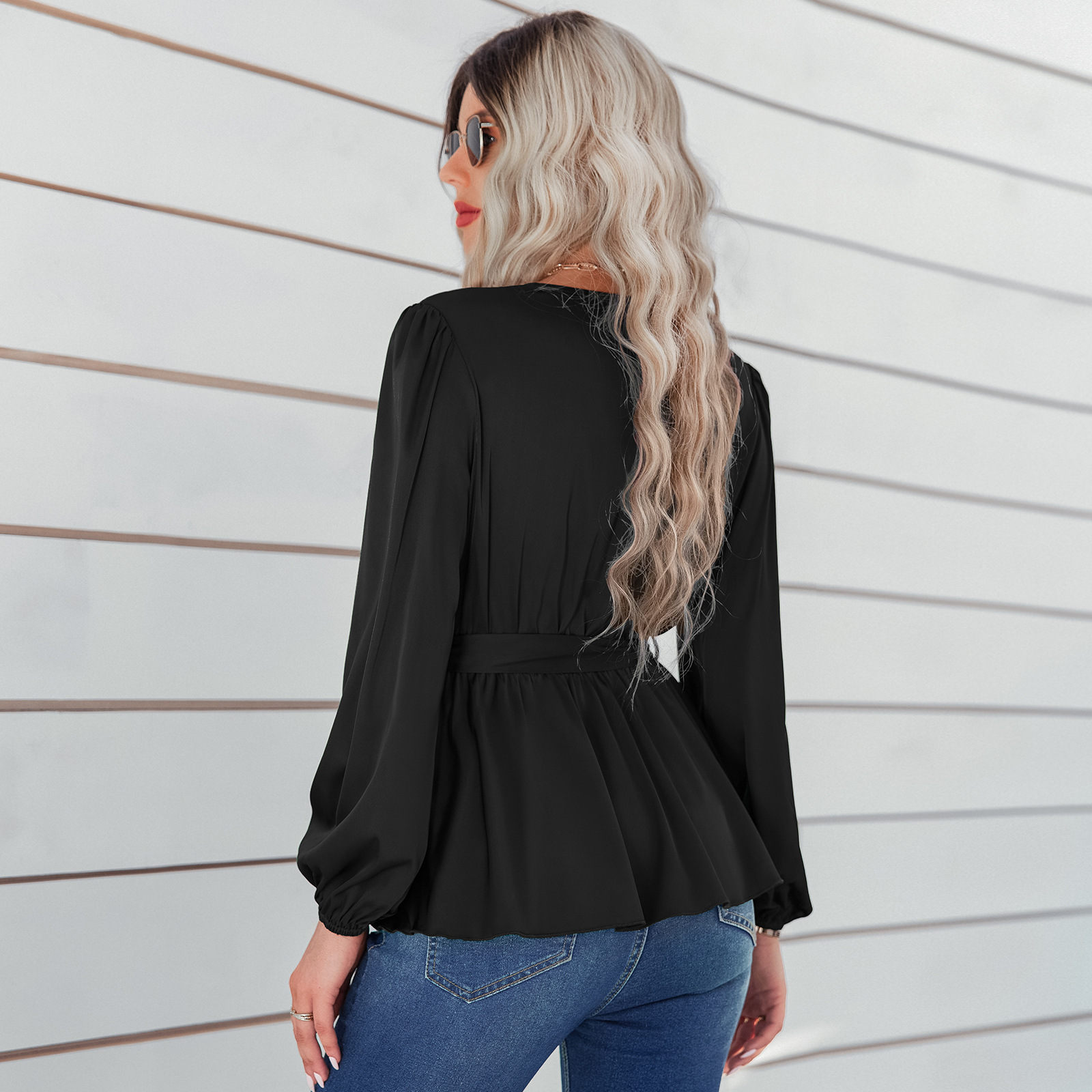 Women's Thin Fashion Tie Waist V-Neck Shirt