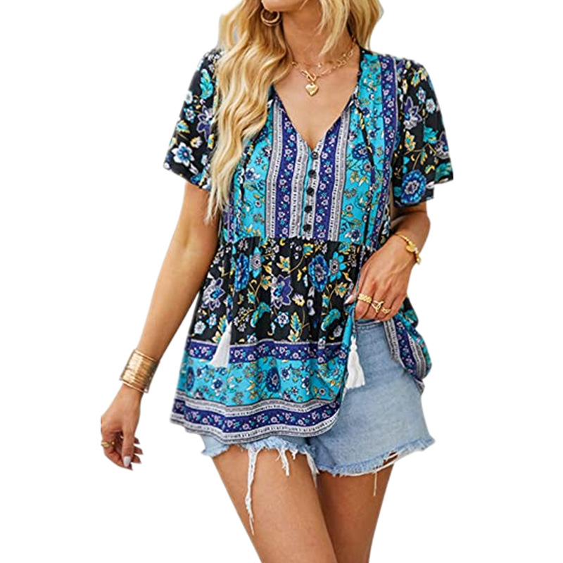 Title 7, V Neck Short Sleeve Shirt Loose Drawstring Top ...