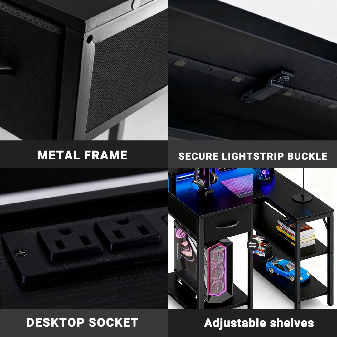 53-inch Gaming Table With USB Charging Port And LED Light, Reversible L-shaped Table With Power Socket And Monitor Stand image 12