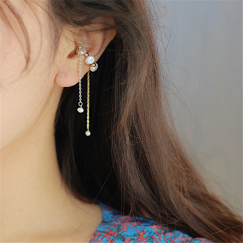 Natural Shaped Long Tassel Pearl Ear Bone Clip