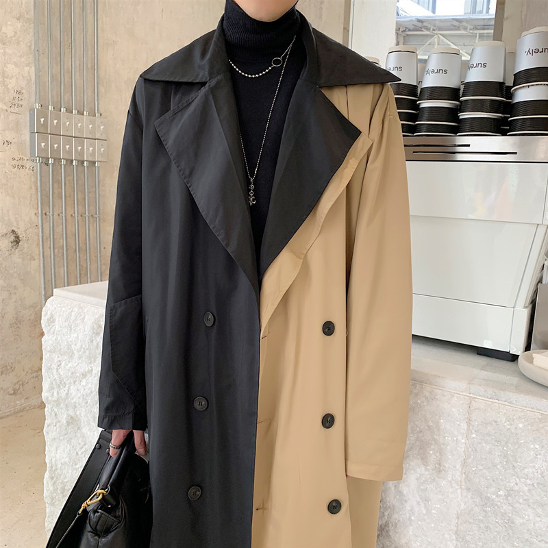 Personalized Asymmetric Color Blocking Double Row Button Long Windbreaker