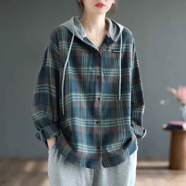 Literary Casual Large Hooded Shirt Green - Shop at LoveMi
