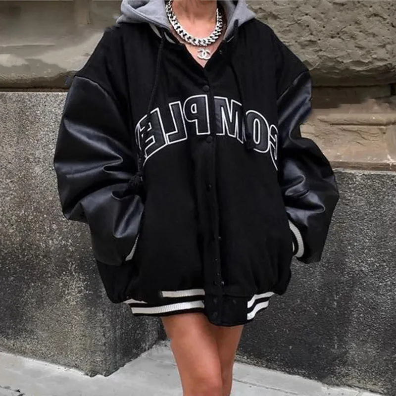 American Retro Black Hooded Quilted Baseball Jacket - Black