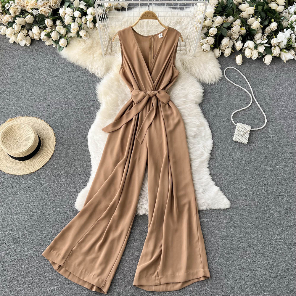 Fashionable Ladies Temperament V-neck Sleeveless Jumpsuit With Waist