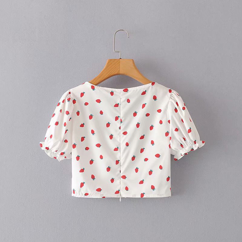 New Style Lace-up Strawberry Print Top Slim Fit Cropped Blouse