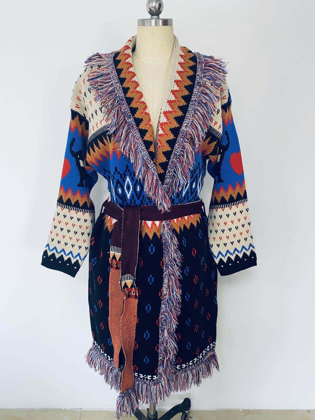 Mid-length Coat Retro Boho Style Lace-up Knitted Cardigan