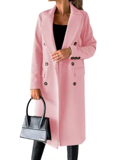 Double Breasted Lapel Coat Winter Fashion Solid Slim Long Jacket Long Sleeve Tops Womens Clothing - Pink - View 1