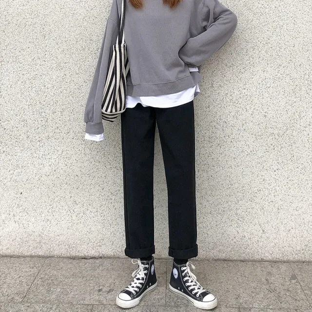 Women's Off white Jeans Straight Loose Black - Shop at LoveMi