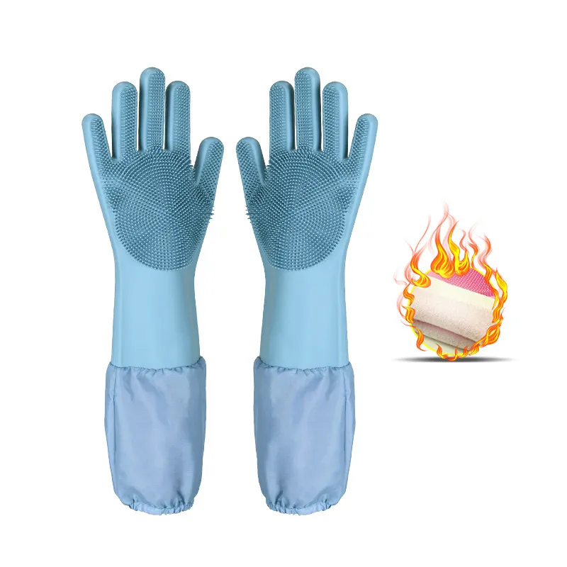 Silicone Dishwashing Gloves Female Waterproof Household Lengthening Plus Velvet - Haze Blue Velvet