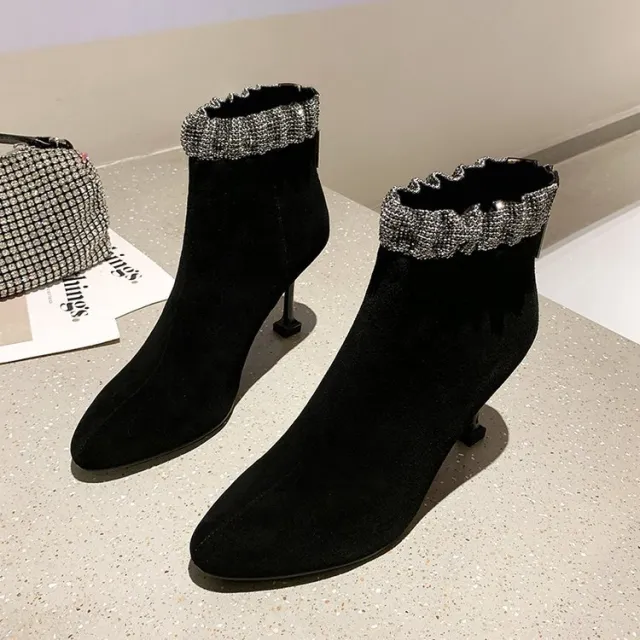 High heeled Stiletto And Pointed Back Zipper Fashion Ankle Boots Black - Shop at LoveMi