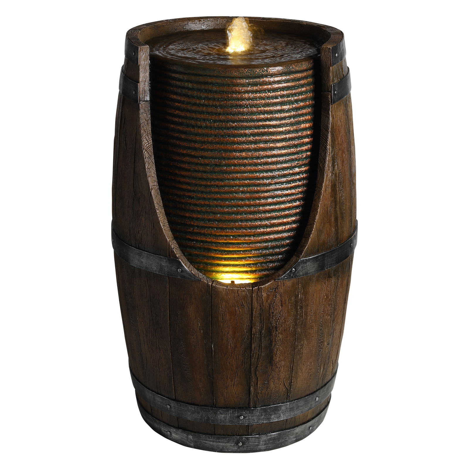 Outdoor Barrel Water Fountain With Lights Rustic Wood Look Resin Handmade Waterfall Garden Decor For Patio Yard Porch — foto 3