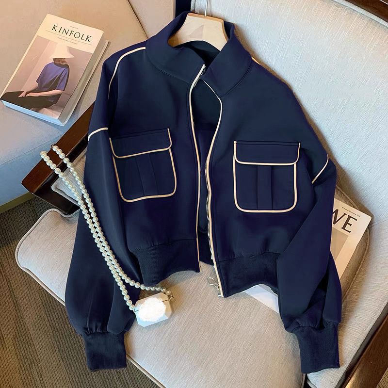 Women's Fashion Short Baseball Jacket Navy Blue - Shop at LoveMi