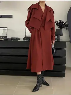 Elegant Temperament Hundreds Of Sleeveless Dresses Plus Trench Coat Set - Red - View 1