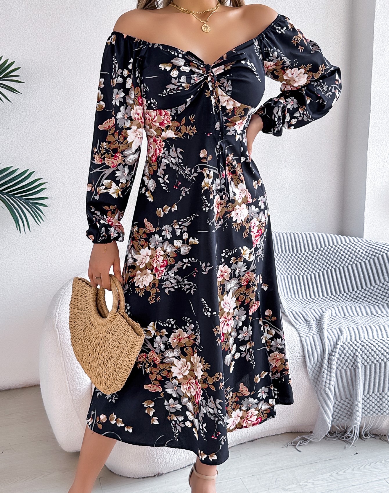 Women's Sexy Tie Knot Floral Print Long Sleeve Split Dress