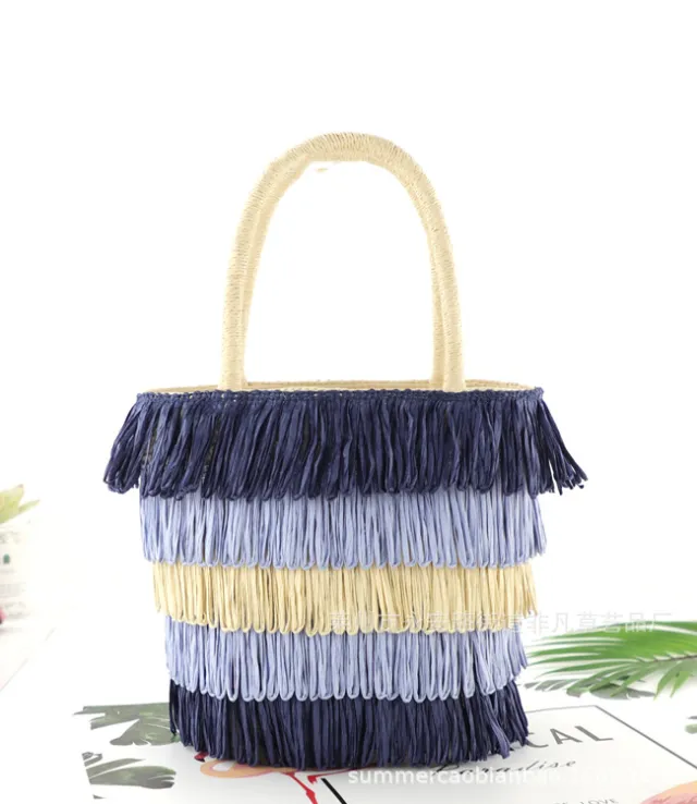 Colorful Tassel Paper Rope Straw Bag Tote Blue - Shop at LoveMi