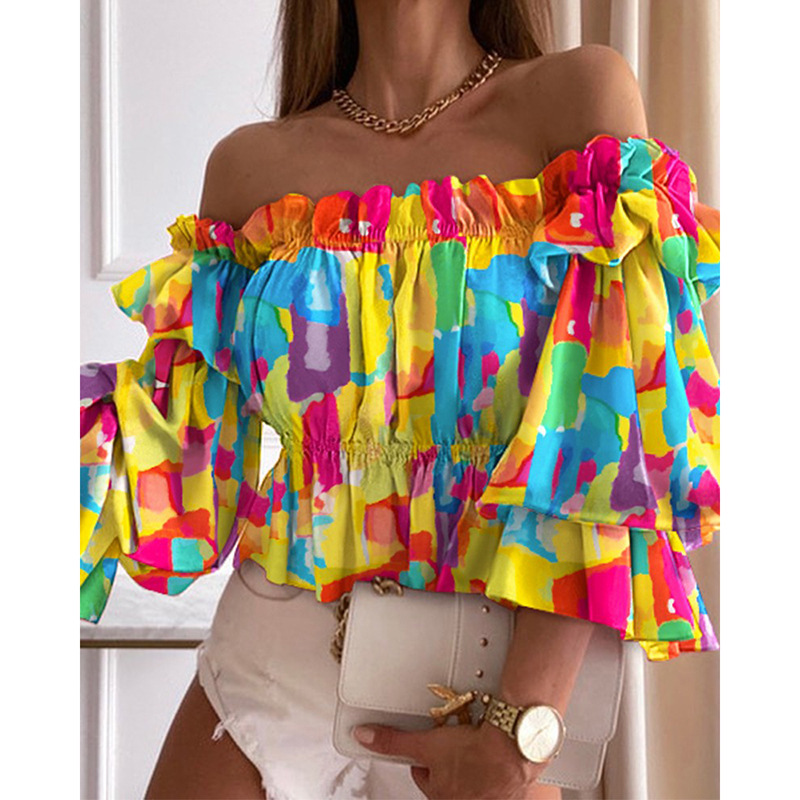 Fashion Print Sexy One-Shoulder Ruffle Sleeve Shirt