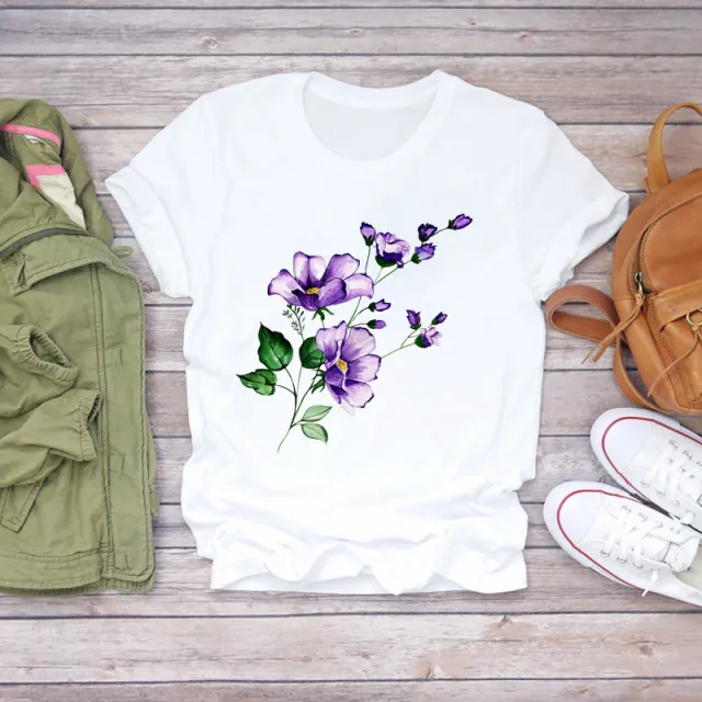 Flower Fashion Print White Short Sleeve Gh69M - Shop at LoveMi