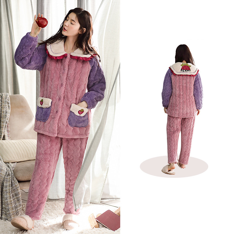 Title 2, Three-layer Thick Cotton Pajamas Women Coral Fl...