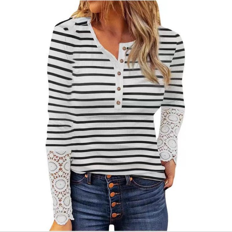 Long Sleeved Pit Strip Slim Fit Round Neck Print Pullover Women's