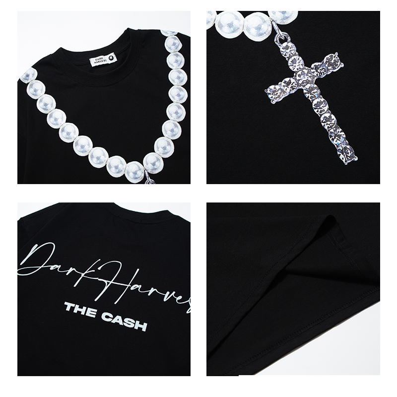 Men's Personality Pearl Large Chain Letter Print Short Sleeve T-Shirt