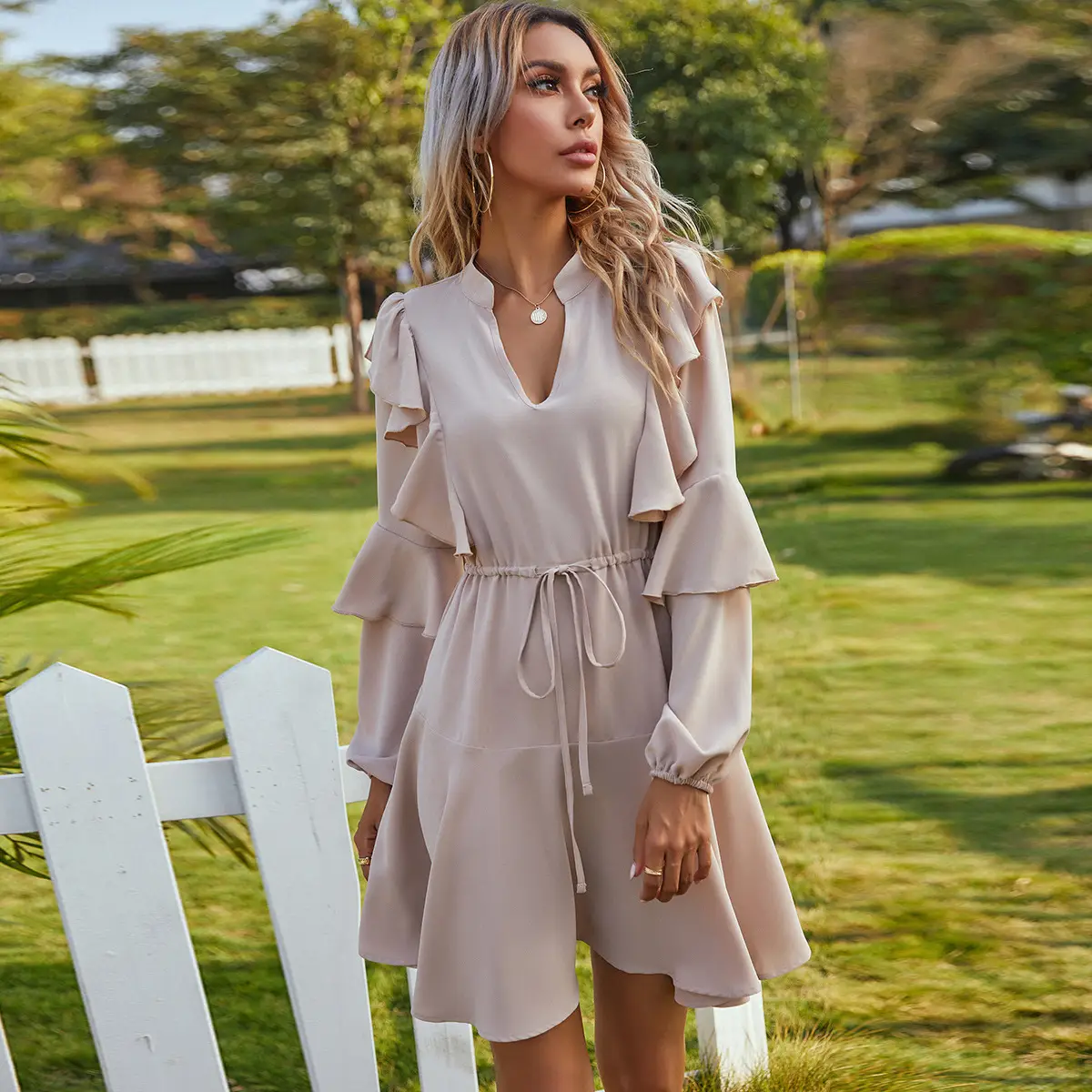 European And American Spring And Summer V-neck Ruffled Ladies Dress