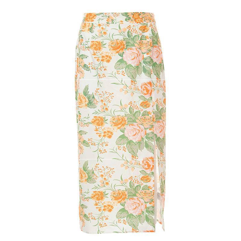 Ladies Fashion Print Low Zip Side Slit Skirt