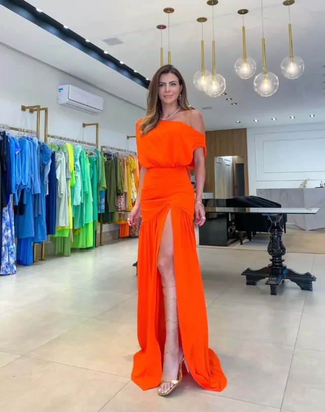 Waistband Slit Floor Mop Dress For Women Orange - Shop at LoveMi