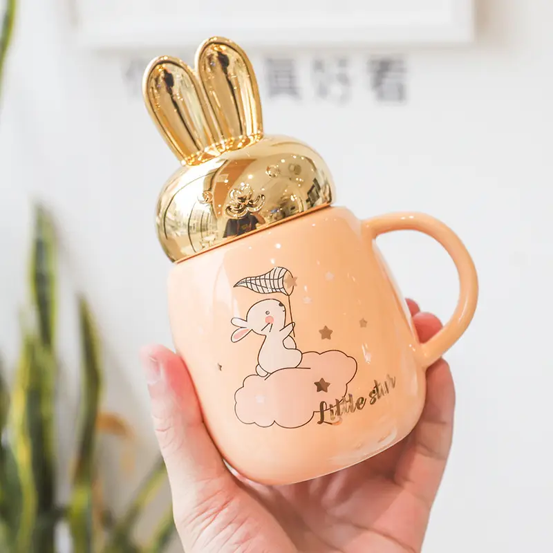 Cartoon Rabbit Ears Ceramic Drawing Gold Pot Belly Mug