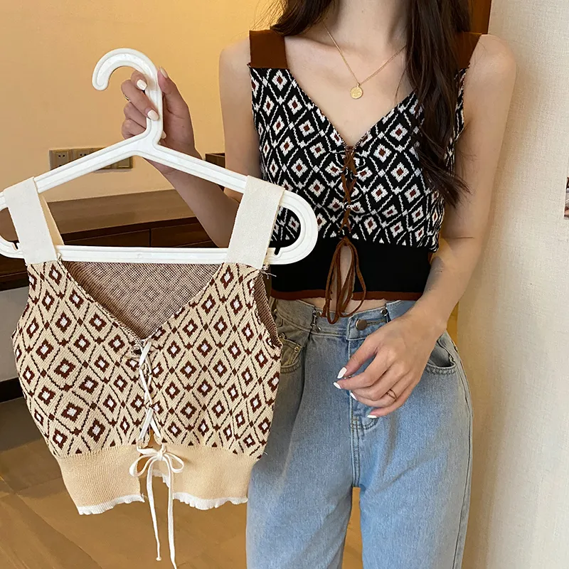 Clavicle Sling Camisole All-match Flower Print Lace-up Sweater Women - Apricot