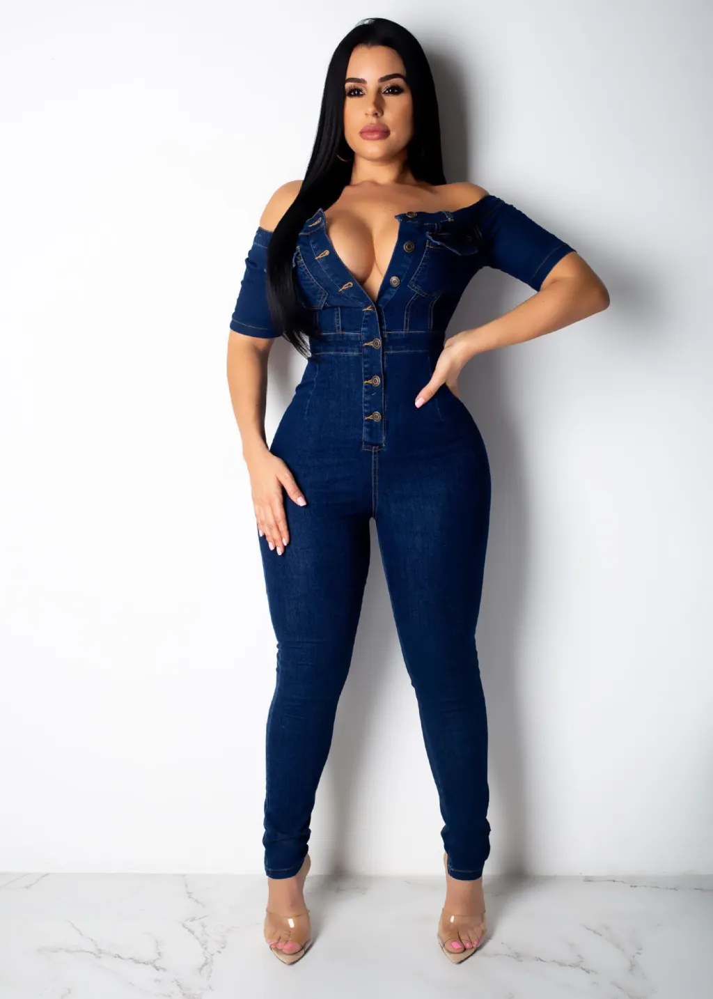 Tube Top One-shoulder Slim Slimming Jumpsuit Jeans - Blue