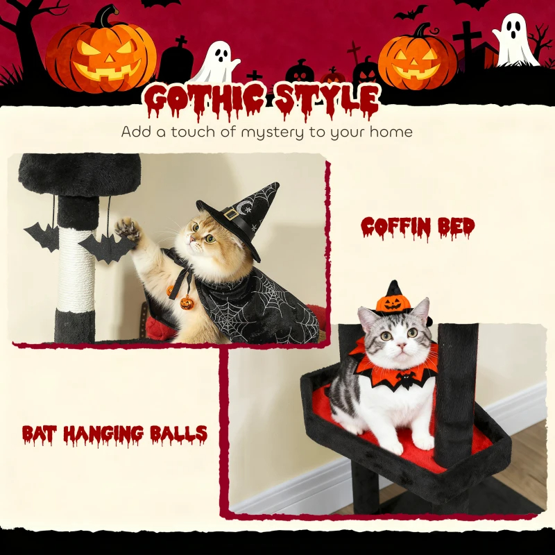 Gothic Cat Tree, Cat Tower With Coffin Bed, 2 Spacious Condos, Sisal Scratching Posts, Bat Hanging Balls, Halloween