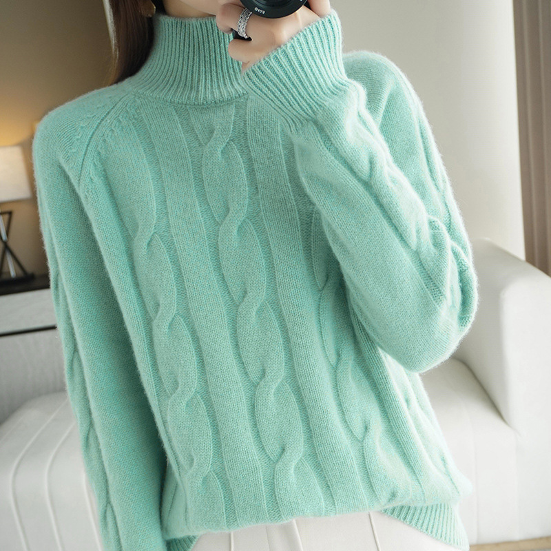 Thickened High-neck Solid Color Knitted Twist Wool Sweater Women
