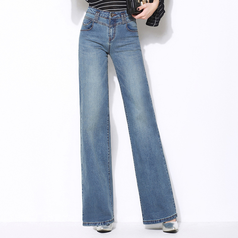 Spring And Autumn Women's Denim Straight Wide leg Casual Pants Blue - Shop at LoveMi