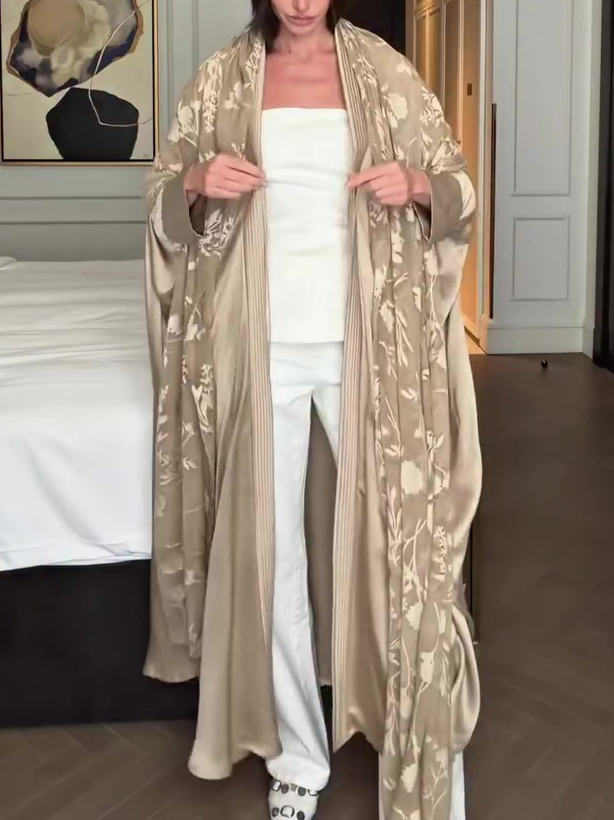 Light Beige Satin Floral Jacquard Pleated Longline Kimono Cardigan