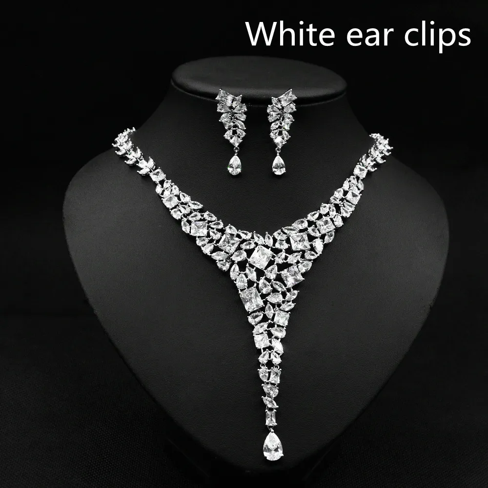 Colorful Zircon Necklace Set Wedding Dress Wedding Earring Accessories - White Ear Clips