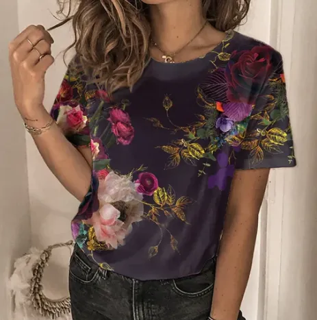 Printed Short Sleeve Round Neck T Shirt Color5 - Shop at LoveMi