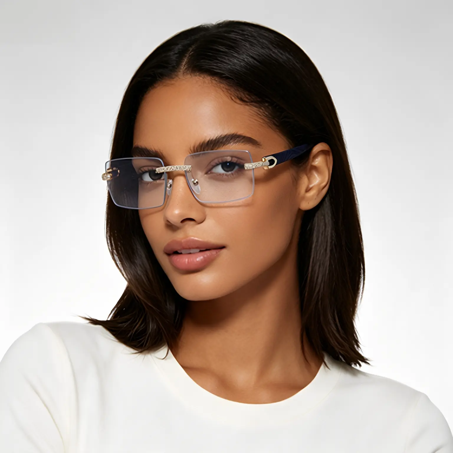 Retro Frameless Men's Sunglasses With Diamond-Encrusted Wood-Grain Temple Arms, New Cross-Border Sunglasses Wholesale Shades