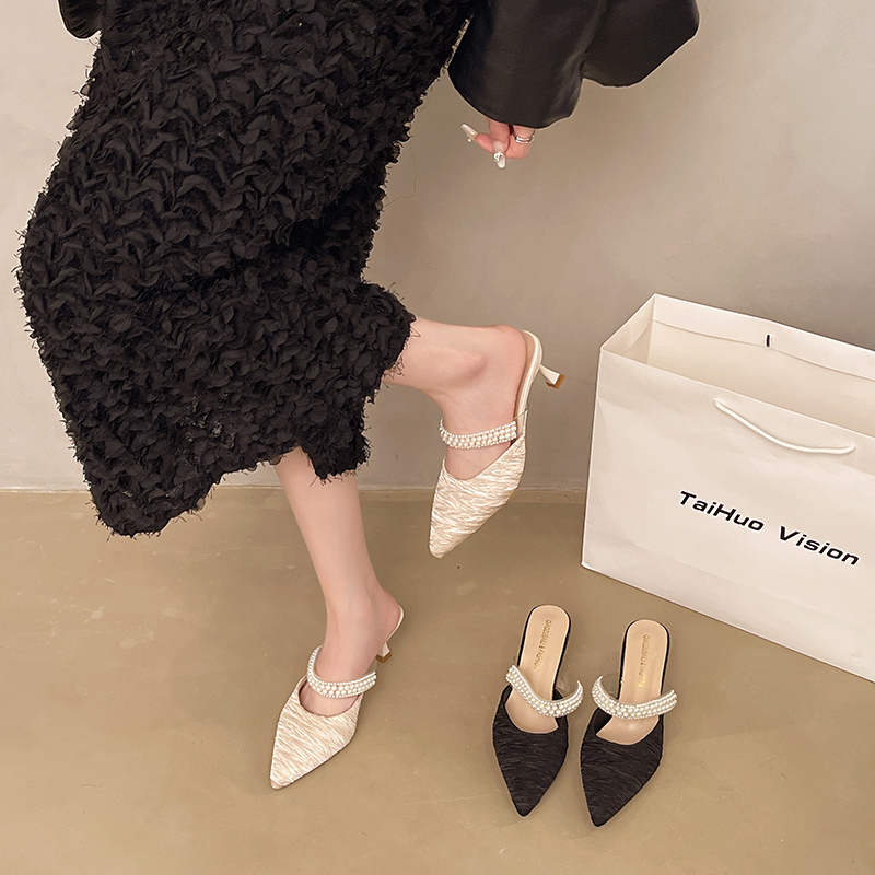 Women's Closed Toe Mule Slides, 2025 Summer Pointed Toe Rhinestone Stiletto Heel Sandals, Soft PU Comfort Outdoor Dress Heels