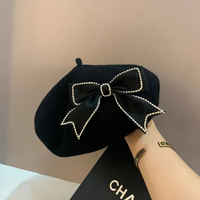 Autumn And Winter Warm All match Bow Wool Beret Hat Black - Shop at LoveMi