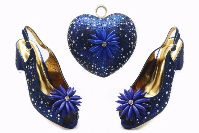 Large Size Women's Shoes Short Heel Fish Mouth Sandals With Heart shaped Diamond Bag Blue - Shop at LoveMi