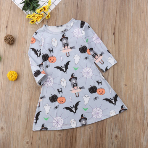 Halloween Girl's Dress Spider Pumpkin Cartoon Print Long Sleeve Children's Casual Skirt